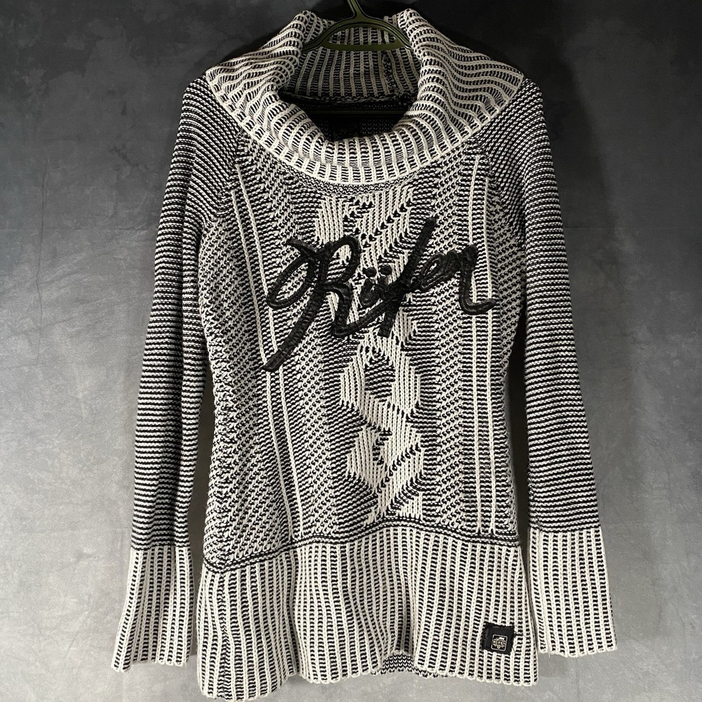 Rufen Cowl Neck Pullover Knit Sweater Script Logo Size Medium